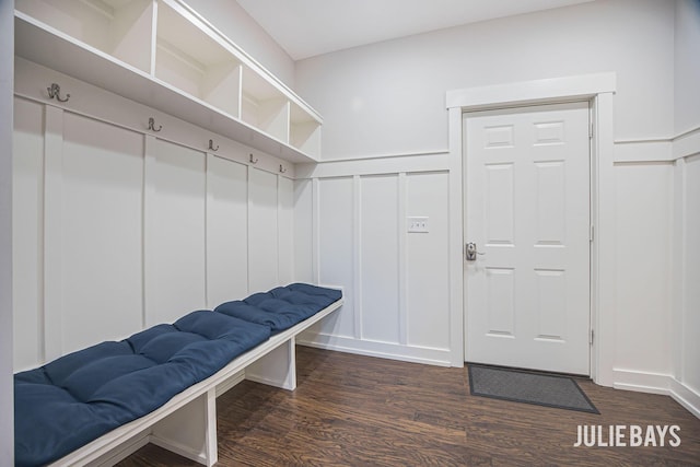 12828 Bayou Ct, Wayland, MI 49348 - mudroom with a decorative wall, dark wood-style flooring, and wainscoting
