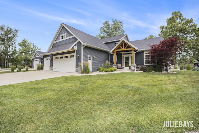 12828 Bayou Ct, Wayland, MI 49348 - craftsman house with stone siding, a front lawn, board and batten siding, and an attached garage