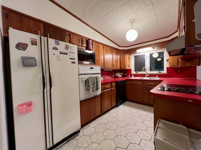 3431 Pineview Dr, Dexter, MI 48130 - kitchen featuring black appliances, ornamental molding, brown cabinetry, dark countertops, and exhaust hood