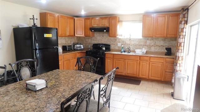 27038 Grobbel Dr, Warren, MI 48092 - kitchen featuring black appliances, extractor fan, decorative backsplash, and plenty of natural light