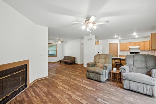 26434 King Rd, Romulus, MI 48174 - living room with ceiling fan, wood finished floors, and a glass covered fireplace