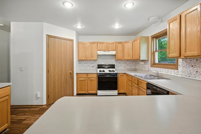 26434 King Rd, Romulus, MI 48174 - kitchen with white gas range, dishwasher, under cabinet range hood, dark wood finished floors, and light countertops