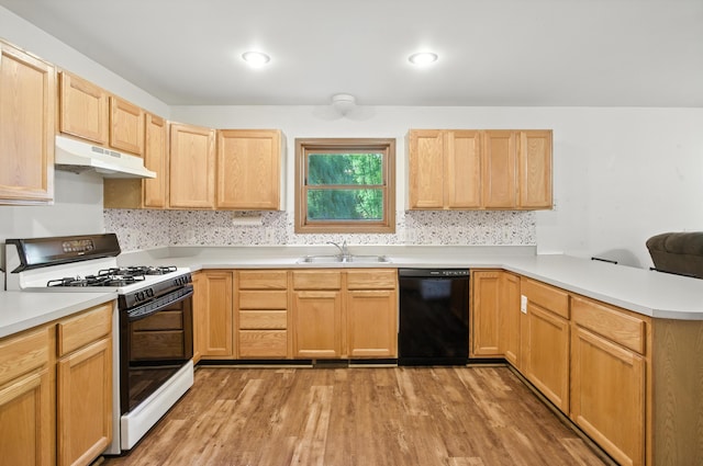 26434 King Rd, Romulus, MI 48174 - kitchen featuring black dishwasher, white range with gas stovetop, under cabinet range hood, a peninsula, and light wood-type flooring