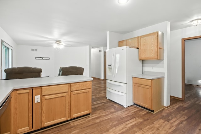 26434 King Rd, Romulus, MI 48174 - kitchen with white refrigerator with ice dispenser, open floor plan, wood finished floors, light countertops, and a ceiling fan