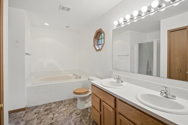 26434 King Rd, Romulus, MI 48174 - bathroom featuring a garden tub, double vanity, and a shower with shower door