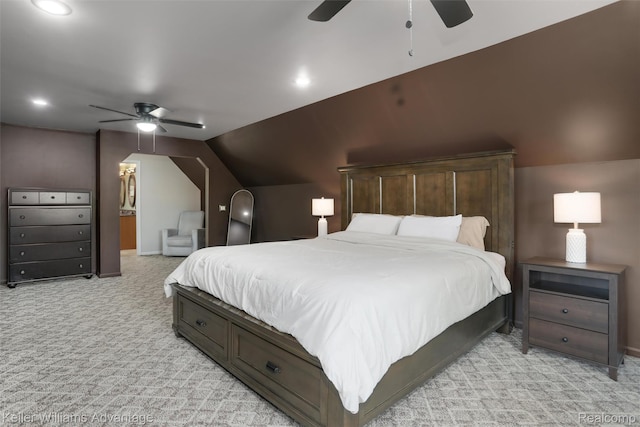 26855 King Rd, Brownstown, MI 48174 - bedroom featuring light carpet, lofted ceiling, recessed lighting, and a ceiling fan