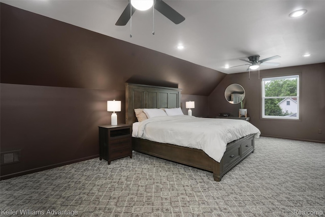 26855 King Rd, Brownstown, MI 48174 - bedroom with light colored carpet, lofted ceiling, recessed lighting, and a ceiling fan