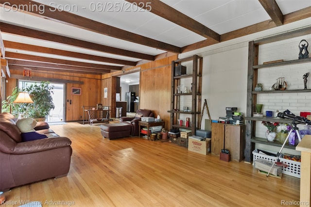 29866 Woodland Dr, Southfield, MI 48034 - living area featuring wood finished floors, beamed ceiling, and wood walls