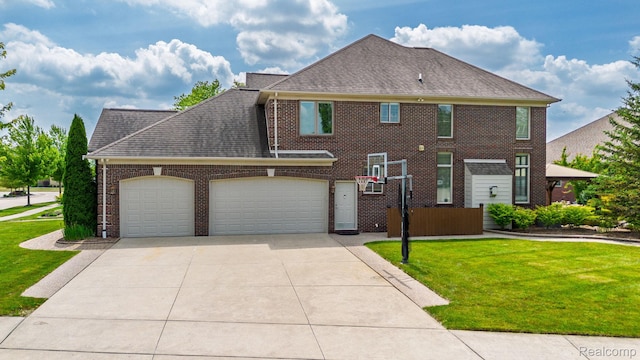 56343 Via Serbelloni, Macomb, MI 48042 - view of front of house featuring brick siding, concrete driveway, a front yard, a garage, and roof with shingles