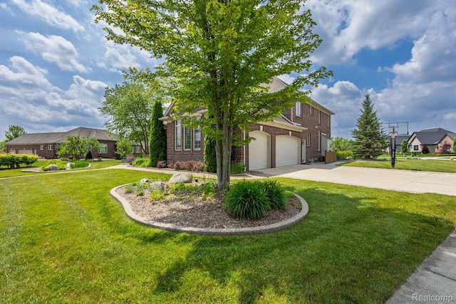 56343 Via Serbelloni, Macomb, MI 48042 - view of front facade featuring concrete driveway, a front yard, a garage, and brick siding