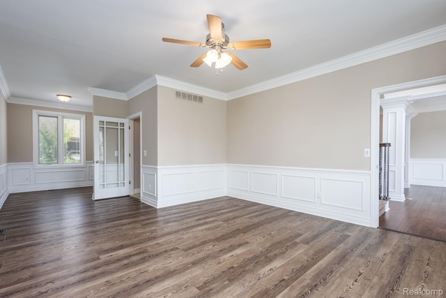 56343 Via Serbelloni, Macomb, MI 48042 - unfurnished room featuring dark wood-style flooring, ceiling fan, crown molding, a wainscoted wall, and a decorative wall