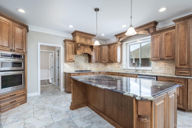 56343 Via Serbelloni, Macomb, MI 48042 - kitchen featuring appliances with stainless steel finishes, ornamental molding, dark stone counters, decorative light fixtures, and tasteful backsplash