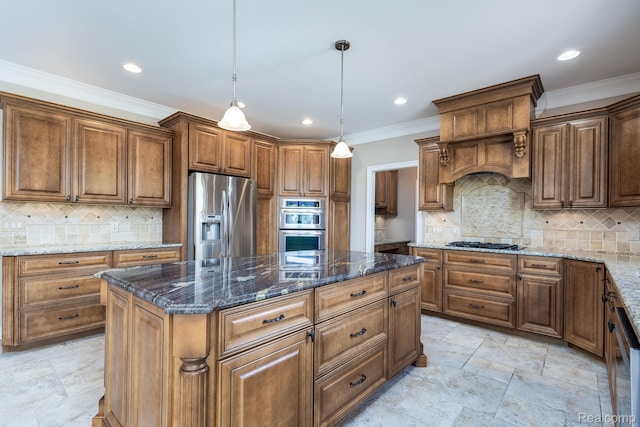 56343 Via Serbelloni, Macomb, MI 48042 - kitchen featuring appliances with stainless steel finishes, a center island, crown molding, decorative backsplash, and dark stone counters