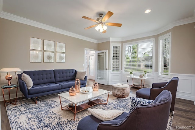 56343 Via Serbelloni, Macomb, MI 48042 - living room with wood finished floors, crown molding, ceiling fan, a decorative wall, and wainscoting