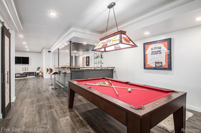 7025 Dandison Blvd, West Bloomfield, MI 48324 - playroom featuring wet bar, billiards, wood finished floors, ornamental molding, and recessed lighting