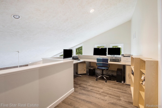 7025 Dandison Blvd, West Bloomfield, MI 48324 - office area featuring lofted ceiling, a textured ceiling, wood finished floors, and recessed lighting