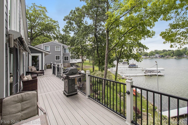 7025 Dandison Blvd, West Bloomfield, MI 48324 - wooden deck featuring area for grilling, a water view, and a dock