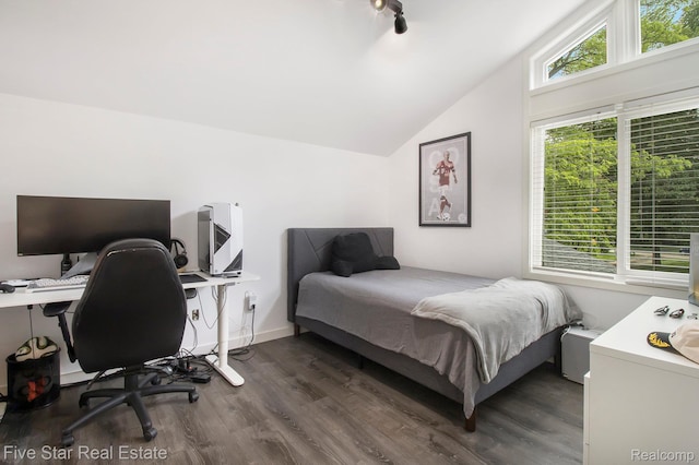 7025 Dandison Blvd, West Bloomfield, MI 48324 - bedroom featuring vaulted ceiling, dark wood-style floors, and a desk
