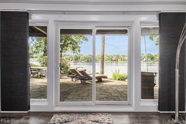 7025 Dandison Blvd, West Bloomfield, MI 48324 - doorway with a water view, plenty of natural light, and dark wood-style floors