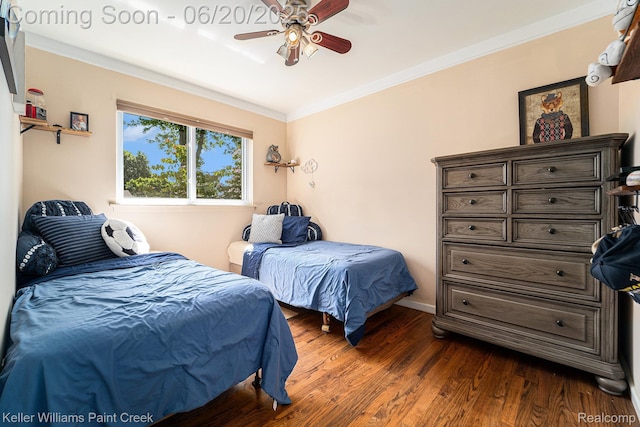 12141 Danforth Dr, Sterling Heights, MI 48312 - bedroom with dark wood-style floors, ornamental molding, and ceiling fan
