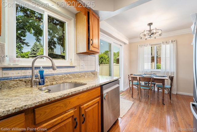 12141 Danforth Dr, Sterling Heights, MI 48312 - kitchen featuring dishwasher, a chandelier, brown cabinetry, decorative backsplash, and ornamental molding