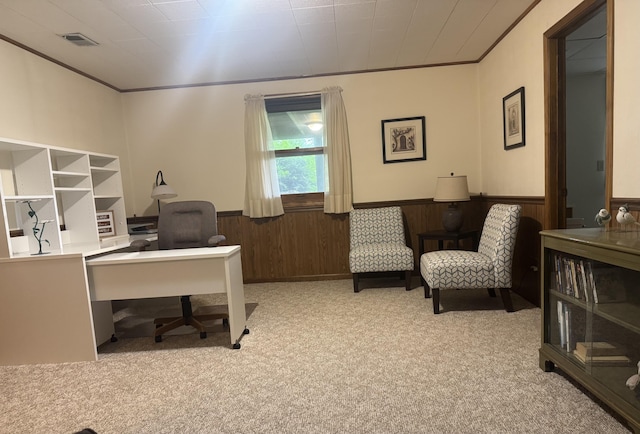 7337 Pine Grove Dr, Jenison, MI 49428 - office area featuring wainscoting, crown molding, carpet, and wood walls