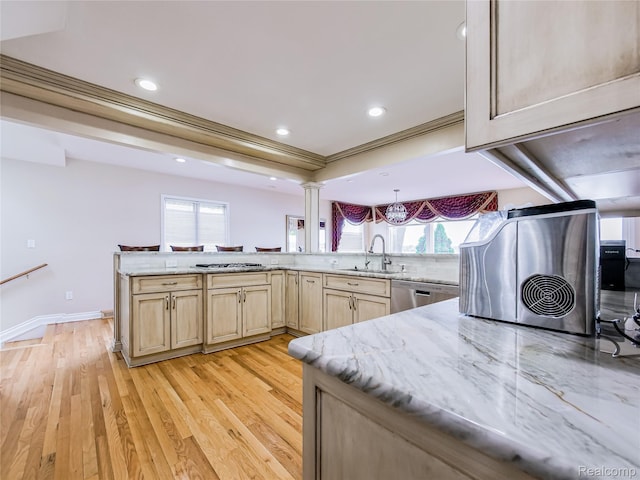 7660 Barnsbury Dr, West Bloomfield, MI 48324 - kitchen featuring light brown cabinetry, dishwasher, light stone counters, light wood-style flooring, and recessed lighting