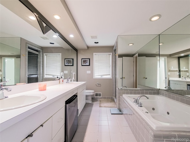 7660 Barnsbury Dr, West Bloomfield, MI 48324 - bathroom with a tub with jets, double vanity, a stall shower, recessed lighting, and tile patterned floors
