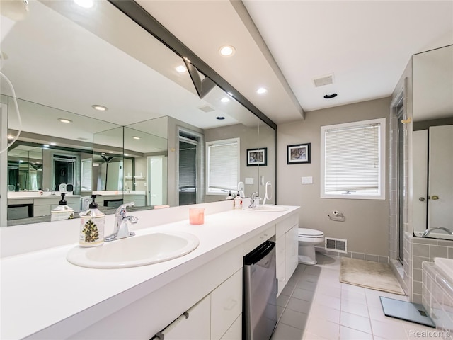 7660 Barnsbury Dr, West Bloomfield, MI 48324 - full bathroom featuring double vanity, a stall shower, tile patterned flooring, and recessed lighting