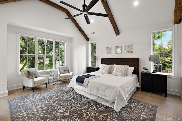 345 Kimberly St, Birmingham, MI 48009 - bedroom with beamed ceiling, wood finished floors, high vaulted ceiling, recessed lighting, and ceiling fan