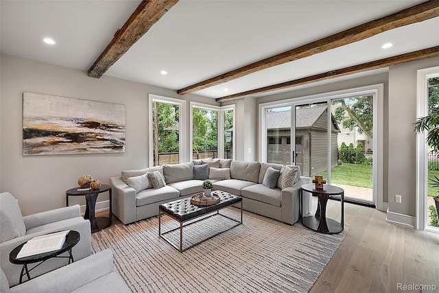 345 Kimberly St, Birmingham, MI 48009 - living area featuring light wood-style floors, recessed lighting, beamed ceiling, and healthy amount of natural light