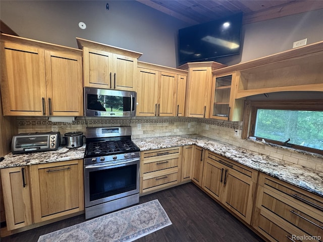 6351 Zimmer Rd, Haslett, MI 48840 - kitchen with stainless steel appliances, decorative backsplash, open shelves, light stone countertops, and dark wood-type flooring