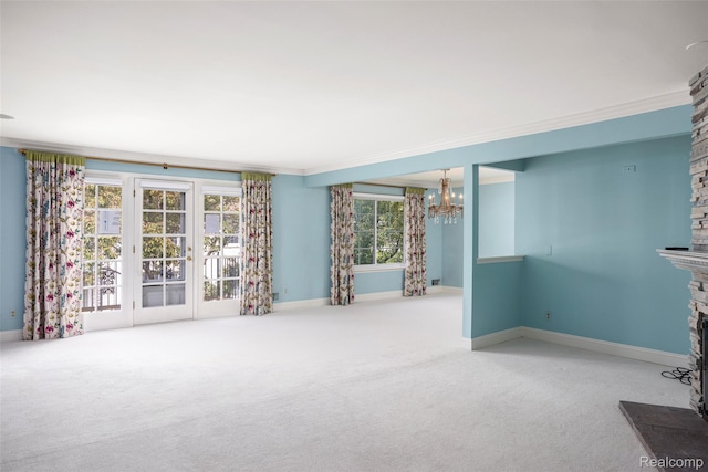 42309 Woodward Ave Unit S1-7, Bloomfield Hills, MI 48304 - unfurnished room featuring a chandelier, a fireplace, carpet, and ornamental molding