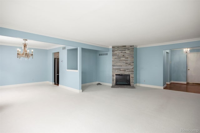 42309 Woodward Ave Unit S1-7, Bloomfield Hills, MI 48304 - unfurnished living room featuring ornamental molding, carpet floors, a chandelier, and a fireplace