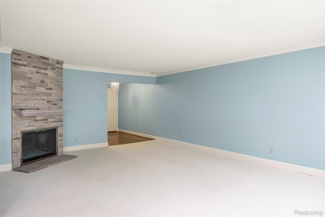42309 Woodward Ave Unit S1-7, Bloomfield Hills, MI 48304 - unfurnished living room featuring carpet floors, ornamental molding, and a stone fireplace