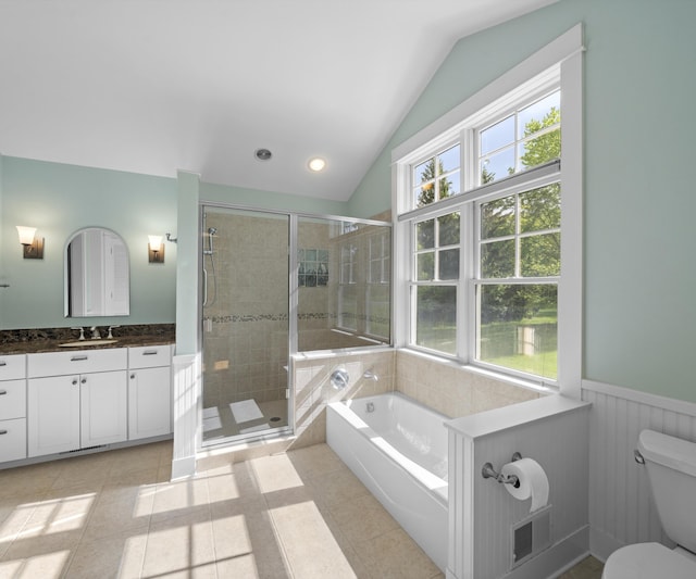 4641 Wylie Rd, Dexter, MI 48130 - full bathroom featuring vanity, a garden tub, a stall shower, vaulted ceiling, and wainscoting