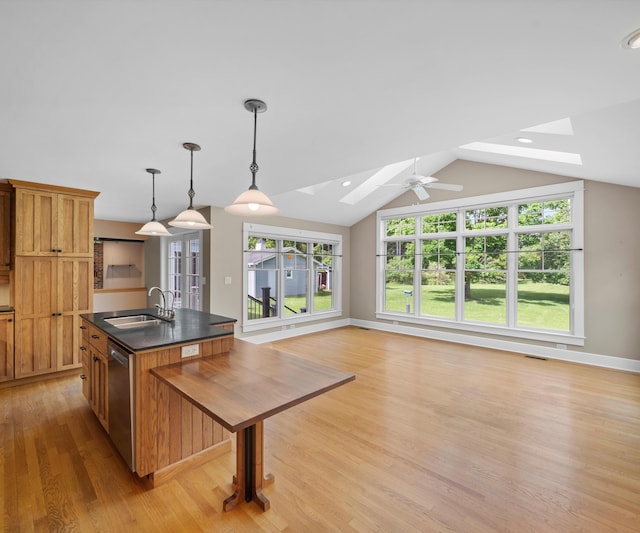 4641 Wylie Rd, Dexter, MI 48130 - kitchen with a skylight, dark countertops, stainless steel dishwasher, light wood-style floors, and a center island with sink