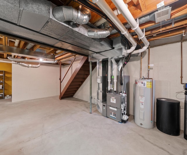 4641 Wylie Rd, Dexter, MI 48130 - unfinished below grade area featuring water heater, heating unit, stairway, and concrete block wall
