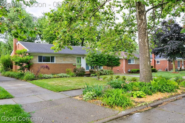 24745 Ross Dr, Redford, MI 48239 - ranch-style home with brick siding, a chimney, a front lawn, and a shingled roof