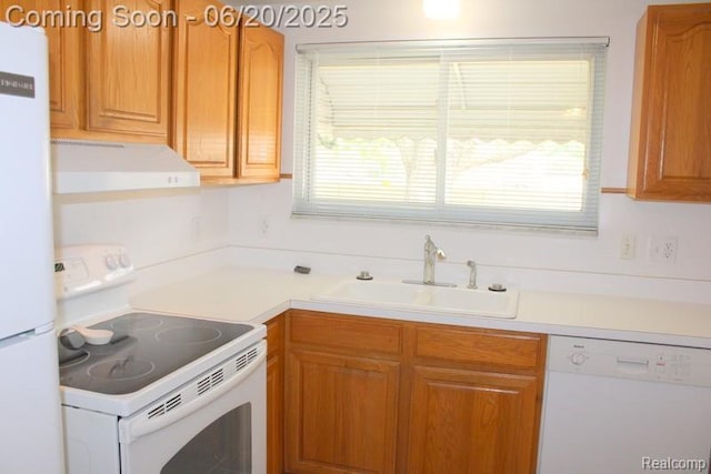 9396 Allen Rd, Allen Park, MI 48101 - kitchen with white appliances, under cabinet range hood, light countertops, and brown cabinets