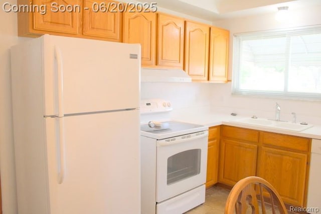 9396 Allen Rd, Allen Park, MI 48101 - kitchen featuring white appliances, exhaust hood, and light countertops