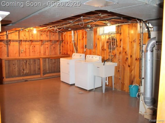 9396 Allen Rd, Allen Park, MI 48101 - below grade area with separate washer and dryer, wooden walls, and electric panel