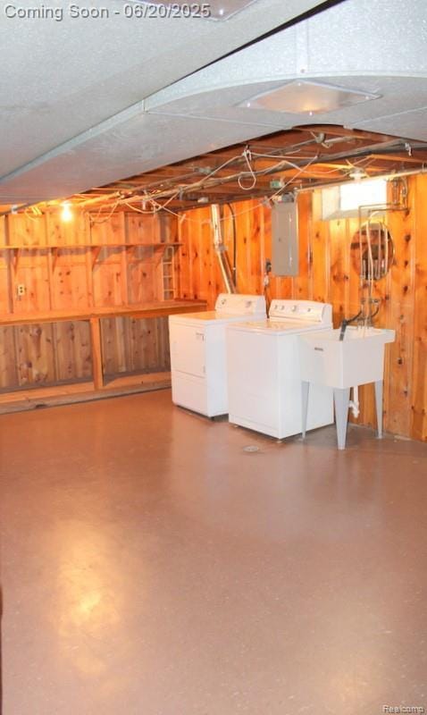 9396 Allen Rd, Allen Park, MI 48101 - below grade area with independent washer and dryer, electric panel, and wooden walls