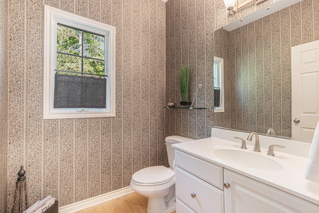 10310 E Rivershore Dr SE, Alto, MI 49302 - half bath featuring vanity, wood finished floors, and wallpapered walls
