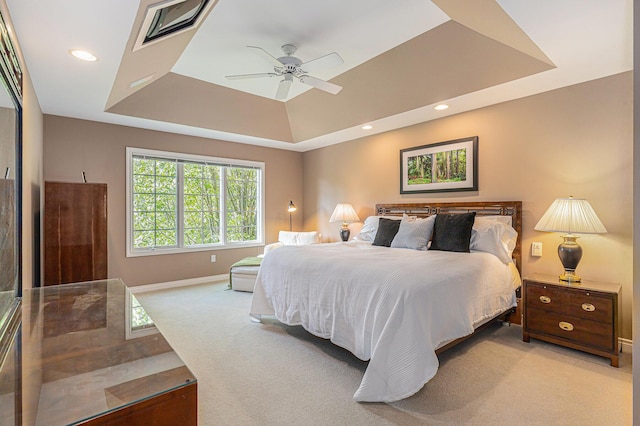 10310 E Rivershore Dr SE, Alto, MI 49302 - bedroom with a raised ceiling, light carpet, ceiling fan, and recessed lighting