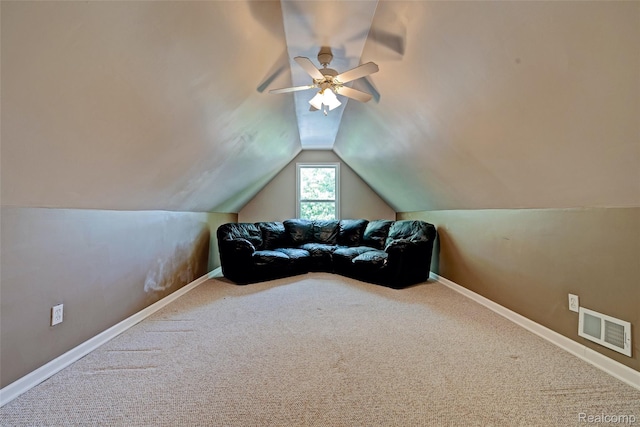 333 Sherman Ct, Ortonville, MI 48462 - living area featuring lofted ceiling, carpet, and a ceiling fan