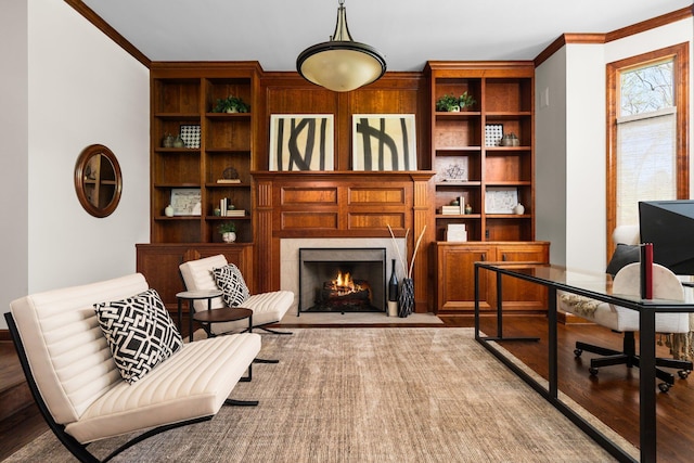 1303 Towsley Ln, Ann Arbor, MI 48105 - office with wood finished floors, a premium fireplace, and ornamental molding
