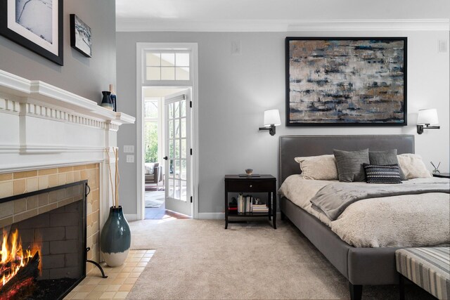 1303 Towsley Ln, Ann Arbor, MI 48105 - bedroom with a fireplace, carpet flooring, crown molding, and multiple windows