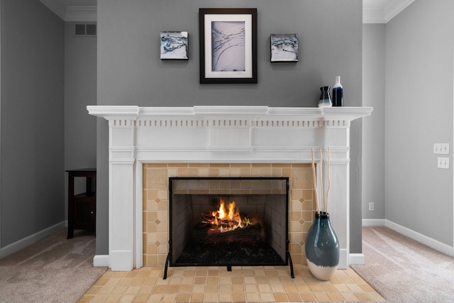 1303 Towsley Ln, Ann Arbor, MI 48105 - detailed view of carpet floors, a tile fireplace, and crown molding