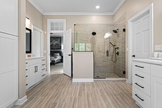 1303 Towsley Ln, Ann Arbor, MI 48105 - bathroom with ensuite bath, vanity, ornamental molding, and a shower stall